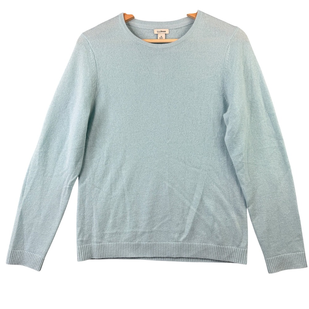 LL Bean Womens 100% Cashmere Crew Neck Sweater Light Blue 283586 Size M Regular